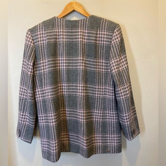 Vintage Amanda Smith collarless button down long coat lined pink/gray plaid 14W - Picture 2 of 10